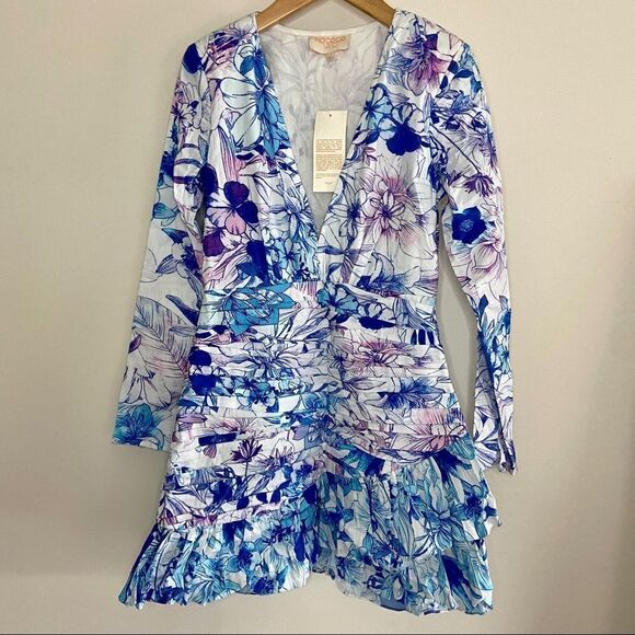 ROCOCO SAND Amaya Ruched Mini Dress In Blue Sz S - Picture 3 of 9